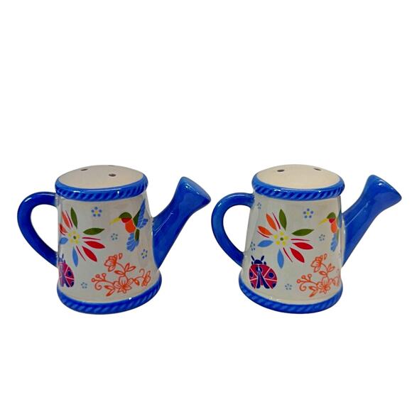 Tara Watering Can Salt Pepper Shakers Hummingbird Ladybug Floral Blue - Picture 1 of 4